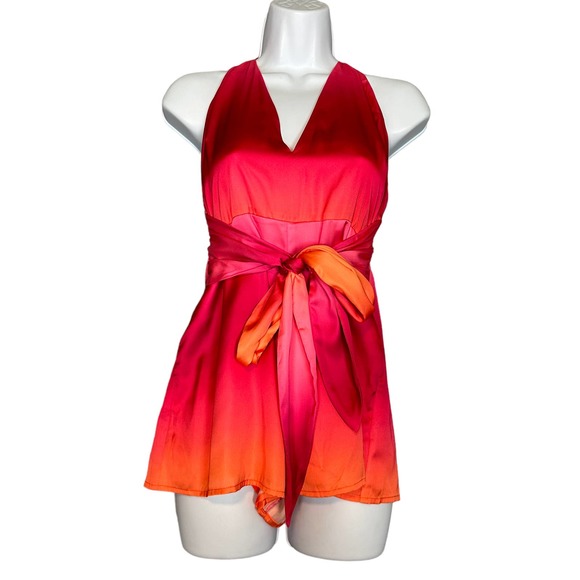 Lovers + Friends Barbie Pink Ombre Satin Romper SMALL Halter Wide Leg Addie NEW - Picture 5 of 11